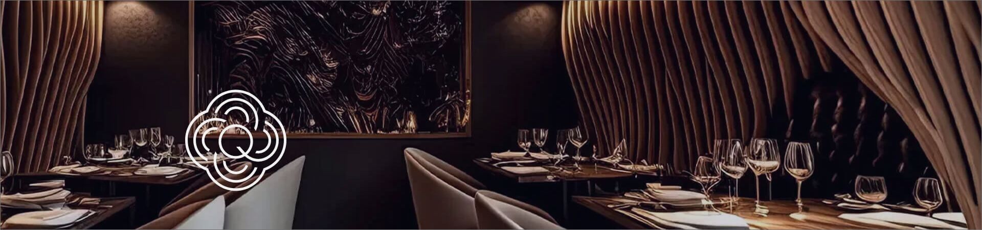 Elegant restaurant interior featuring wavy wooden walls, set tables, and a decorative emblem.