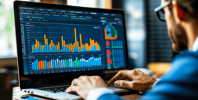 Professional analyzing financial charts and data visualizations on a laptop computer.
