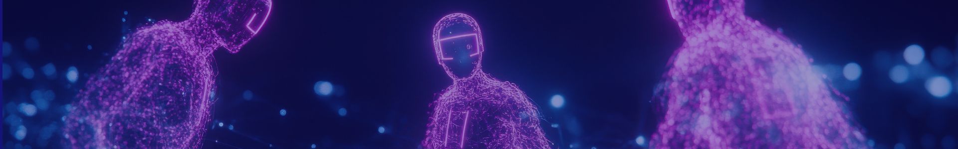 Three glowing purple humanoid figures stand against a dark blue background with bokeh lights.