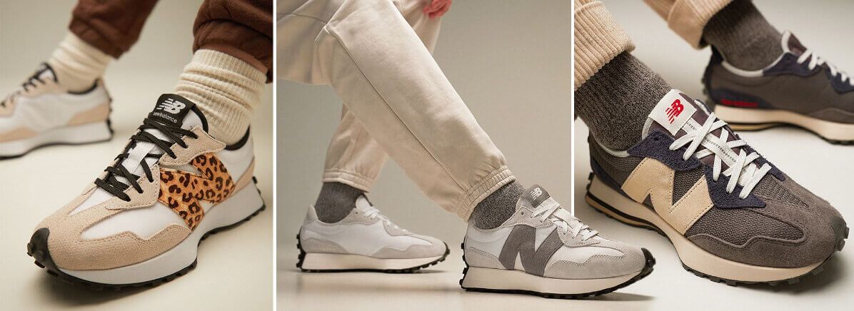 Three different pairs of New Balance sneakers, including leopard print, grey, and navy styles.