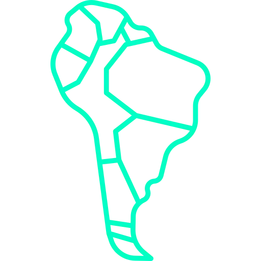 Neon green outline map of South America showing individual countries on a black background.
