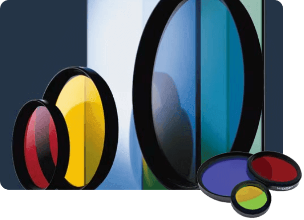 Optical filters of various sizes and colors: red, yellow, blue, and purple.