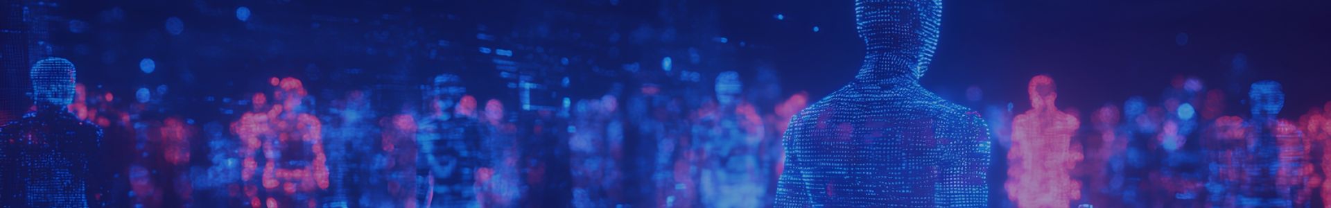 Blurred crowd of people illuminated by vibrant blue and pink lights, creating a dynamic atmosphere.