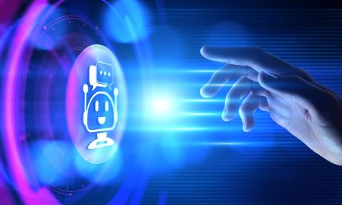Human hand reaching to touch a glowing, holographic chatbot icon on a blue background.