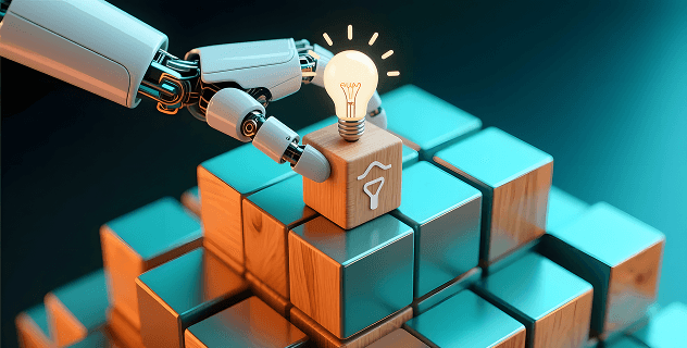 A robotic arm places a glowing lightbulb on a cube, symbolizing innovation and creation.