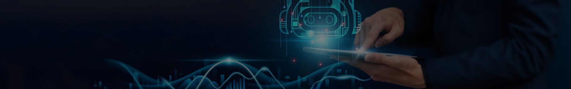 A hand interacting with glowing blue digital data patterns against a dark background.