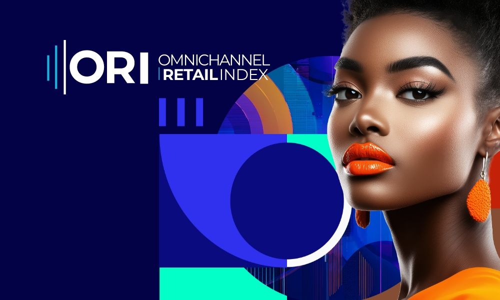 Glamorous woman with orange lipstick and earrings, featuring ORI Omnichannel RetailIndex logo.