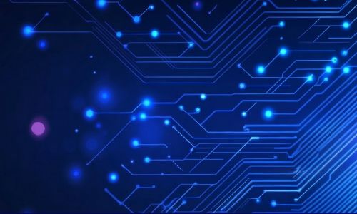 Glowing blue circuit board lines with light particles on a dark digital background.