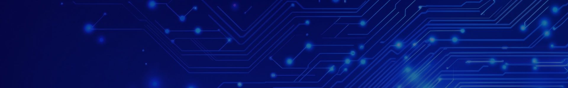 Abstract blue background with glowing light dots and faint circuit board lines.