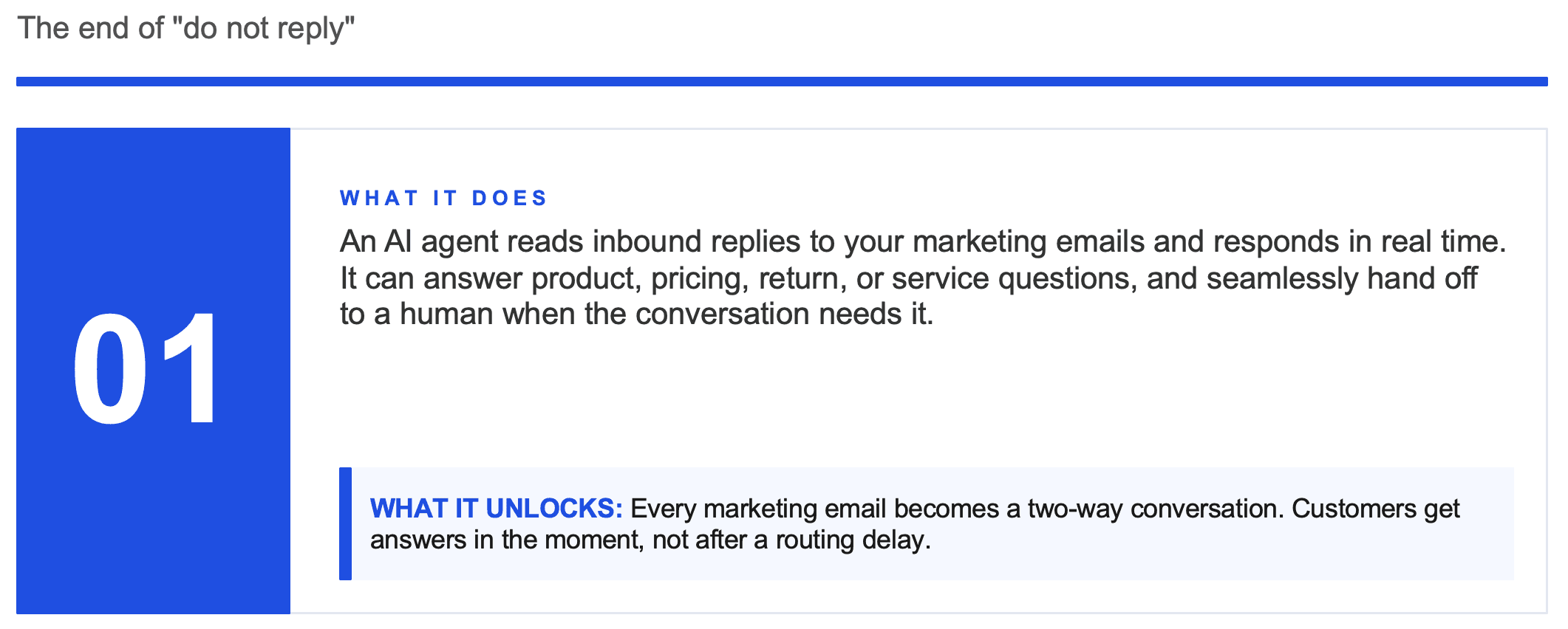 Slide 01 details an AI agent responding to marketing email replies and customer questions.