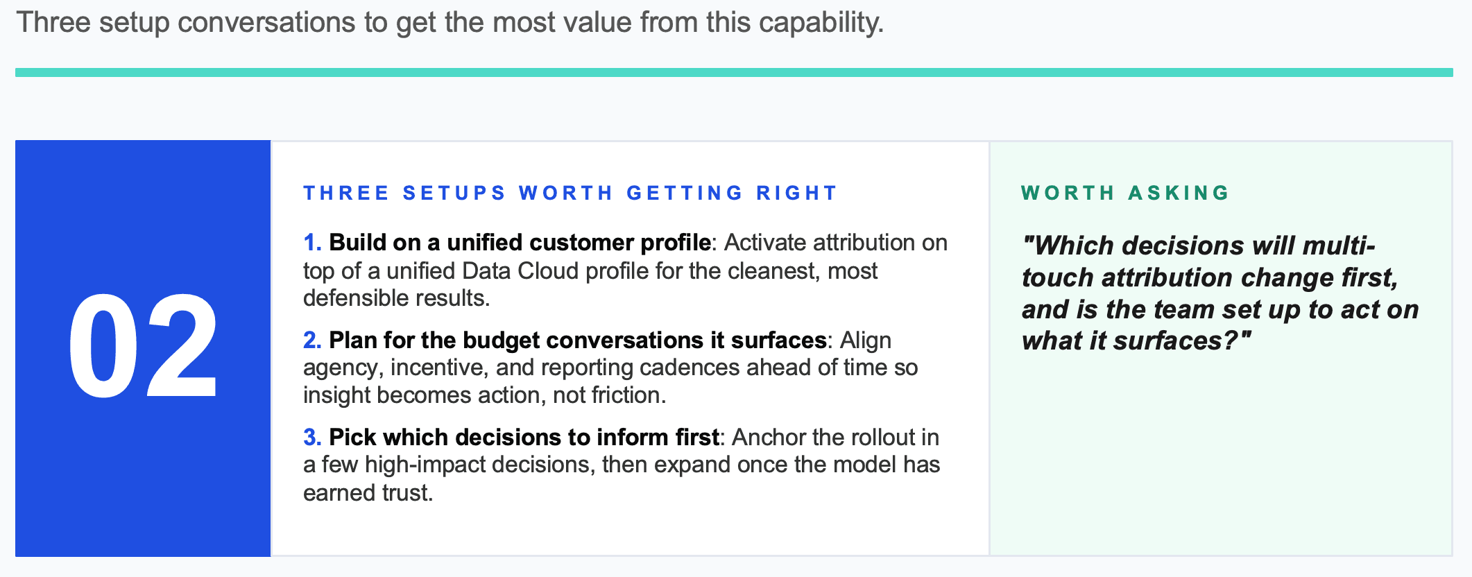 Numbered list of three marketing setups and a key question about multi-touch attribution decisions.