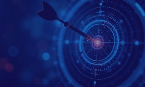 Dart hitting the glowing bullseye of a futuristic digital target on a dark blue background.