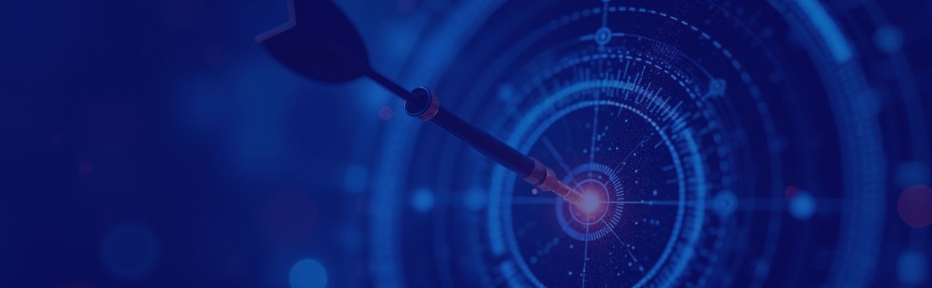 A dart lands precisely on the glowing bullseye of a futuristic digital target.