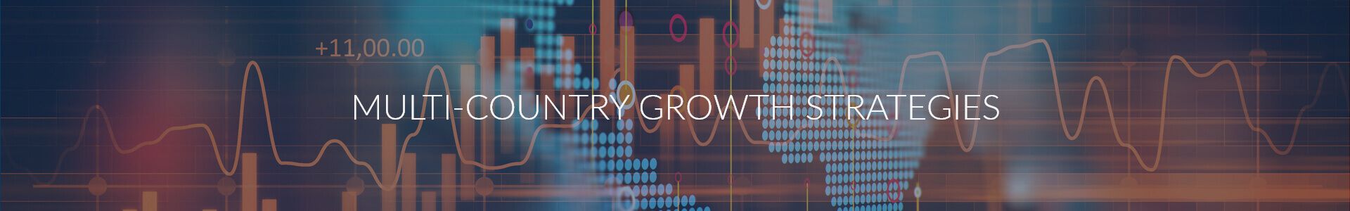 Text 'MULTI-COUNTRY GROWTH STRATEGIES' on a blurred background with a global map and data visualizations.