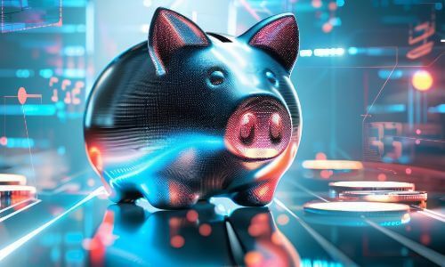 Metallic piggy bank with neon blue and pink glows on a futuristic digital background.