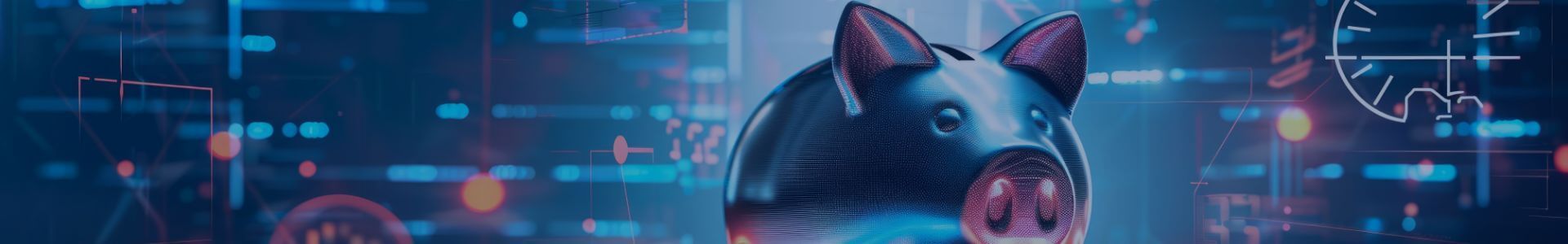 A dark, glossy piggy bank against a blurred blue digital background with glowing data patterns.